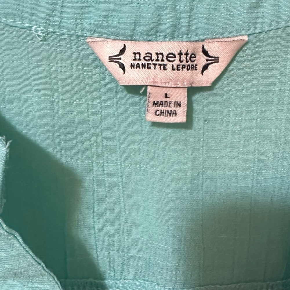 NANETTE LEPORE aqua button front loose fit eyelet puffy short sleeve top sz L - Picture 5 of 6
